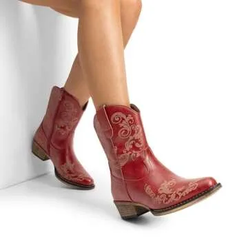 DREAM PAIRS Women's Cowboy Cowgirl Western Ankle Boots Low Chunky Heels Square Toe Fall Short Booties Shoes,Size 7.5,RED,SDAB2407W