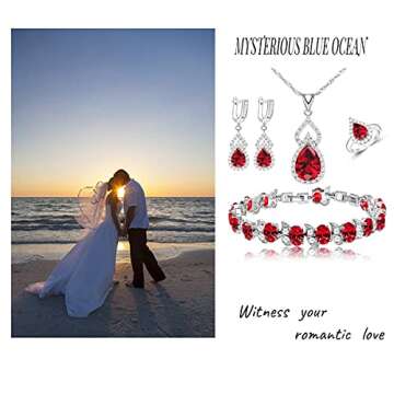 LMXXVJ Women's Jewelry Sets - Platinum Plated Earring and Necklace Set Open Ring Bracelet - Red Cubic Zirconia Jewelry Gifts for Mom/Wife/Sister/Best Friend