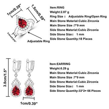LMXXVJ Women's Jewelry Sets - Platinum Plated Earring and Necklace Set Open Ring Bracelet - Red Cubic Zirconia Jewelry Gifts for Mom/Wife/Sister/Best Friend