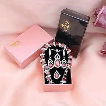 LMXXVJ Women's Jewelry Sets - Platinum Plated Earring and Necklace Set Open Ring Bracelet - Red Cubic Zirconia Jewelry Gifts for Mom/Wife/Sister/Best Friend