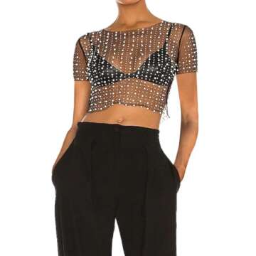 Naileksi Women Pearl Rhinestone Sheer Mesh Crop Tee Top Sexy See Through Short Sleeve Slim Fit Crop ...