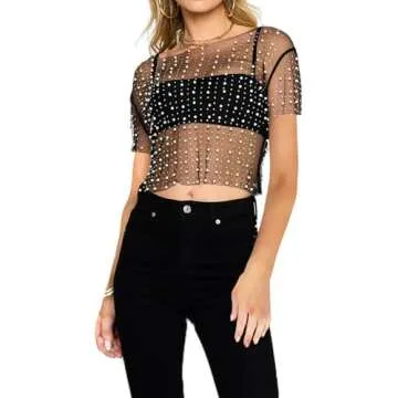 Naileksi Women Pearl Rhinestone Sheer Mesh Crop Tee Top Sexy See Through Short Sleeve Slim Fit Crop T-Shirt Club Summer(M,Black)
