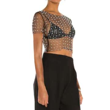 Naileksi Women Pearl Rhinestone Sheer Mesh Crop Tee Top Sexy See Through Short Sleeve Slim Fit Crop T-Shirt Club Summer(M,Black)