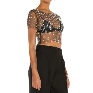 Naileksi Women Pearl Rhinestone Sheer Mesh Crop Tee Top Sexy See Through Short Sleeve Slim Fit Crop T-Shirt Club Summer(M,Black)