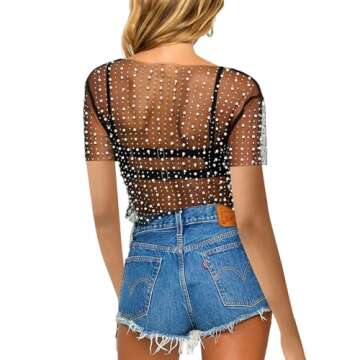Naileksi Women Pearl Rhinestone Sheer Mesh Crop Tee Top Sexy See Through Short Sleeve Slim Fit Crop T-Shirt Club Summer(M,Black)