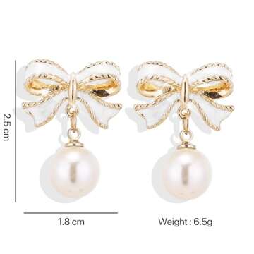 Gold Pearl Bow Earrings For Women Trendy Pink Coquette Drop Stud Ribbon Silver Earrings Dangle Jewel...