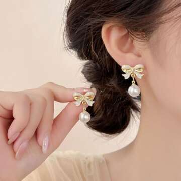 Gold Pearl Bow Earrings For Women Trendy Pink Coquette Drop Stud Ribbon Silver Earrings Dangle Jewelry - Unique Gifts For Wife Preppy Cute Teen Accessories 2025 (white)