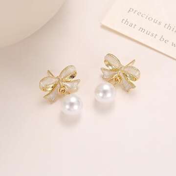 Gold Pearl Bow Earrings For Women Trendy Pink Coquette Drop Stud Ribbon Silver Earrings Dangle Jewelry - Unique Gifts For Wife Preppy Cute Teen Accessories 2025 (white)