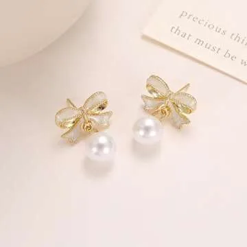 Gold Pearl Bow Earrings For Women Trendy Pink Coquette Drop Stud Ribbon Silver Earrings Dangle Jewelry - Unique Gifts For Wife Preppy Cute Teen Accessories 2025 (white)