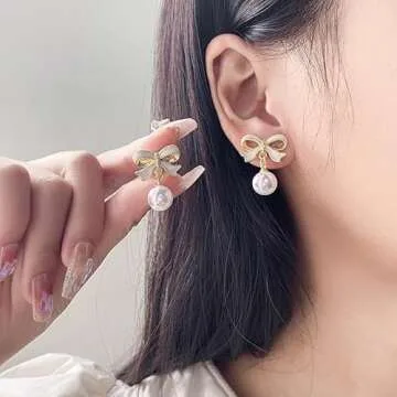 Gold Pearl Bow Earrings For Women Trendy Pink Coquette Drop Stud Ribbon Silver Earrings Dangle Jewelry - Unique Gifts For Wife Preppy Cute Teen Accessories 2025 (white)