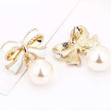 Gold Pearl Bow Earrings For Women Trendy Pink Coquette Drop Stud Ribbon Silver Earrings Dangle Jewelry - Unique Gifts For Wife Preppy Cute Teen Accessories 2025 (white)