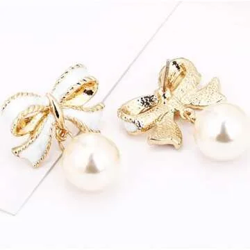 Gold Pearl Bow Earrings For Women Trendy Pink Coquette Drop Stud Ribbon Silver Earrings Dangle Jewelry - Unique Gifts For Wife Preppy Cute Teen Accessories 2025 (white)