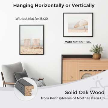 Axeman 16x20 Picture Frame with Mat for 11x14, Solid Oak Wood Poster Frame with Tempered Glass for Home Decor, Wooden 16x20inch Photo Frame for Art Photo and Prints, Set of 2, Black