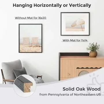 Axeman 16x20 Picture Frame with Mat for 11x14, Solid Oak Wood Poster Frame with Tempered Glass for Home Decor, Wooden 16x20inch Photo Frame for Art Photo and Prints, Set of 2, Black