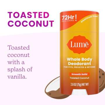 Lume Whole Body Deodorant - Smooth Solid Stick - 72 Hour Odor Control - Aluminum Free, Baking Soda Free and Skin Safe - 2.6 Ounce (Toasted Coconut)