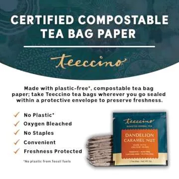 Teeccino Dandelion Caramel Nut Tea - Caffeine Free, Roasted Herbal Tea with Prebiotics, 3x More Herbs than Regular Tea Bags, Gluten Free - 25 Tea Bags