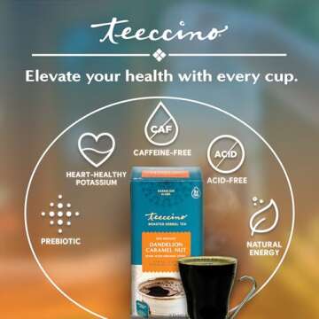 Teeccino Dandelion Caramel Nut Tea - Caffeine Free, Roasted Herbal Tea with Prebiotics, 3x More Herbs than Regular Tea Bags, Gluten Free - 25 Tea Bags