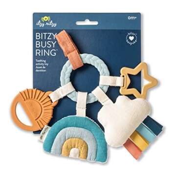 Itzy Ritzy Teething Activity Toy - Bitzy Busy Ring Infant Teething Toy Features Braided Ring & Dangling Toys, Includes Teether, Textured Ribbons, Crinkle Sound & Jingle Bell - 0 Months & Up (Rainbow)