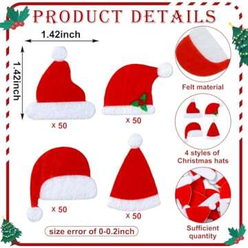 Engrowtic 200 Pcs Christmas Santa Hat Stickers, Felt Mini Santa Claus Stickers 1.42 Inches Tiny Chri...