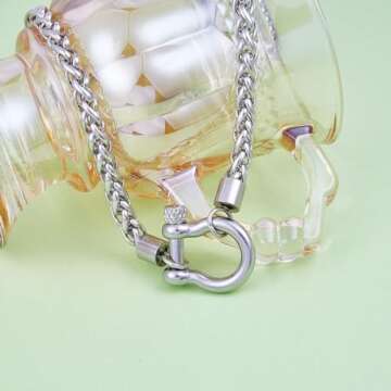 Wolentty Heavy Screw Anchor Shackle Wheat Necklace 18.5" Foxtail Chain Gift for Valentine's Day (Silver)