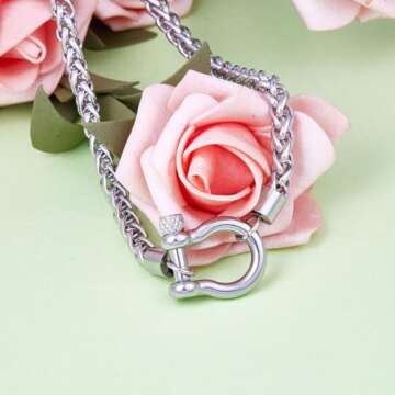 Wolentty Heavy Screw Anchor Shackle Wheat Necklace 18.5" Foxtail Chain Gift for Valentine's Day (Silver)