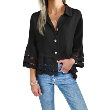 Cicy Bell Womens 3/4 Bell Sleeve Button Down Shirts Casual Ruffle Hem Tops Eyelet Blouse Black