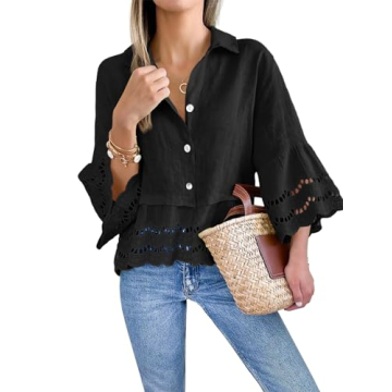 Cicy Bell Womens 3/4 Bell Sleeve Button Down Shirts Casual Ruffle Hem Tops Eyelet Blouse Black