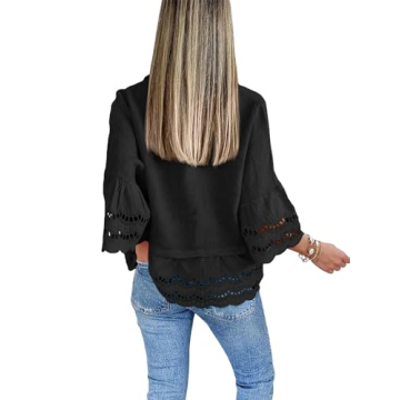 Cicy Bell Womens 3/4 Bell Sleeve Button Down Shirts Casual Ruffle Hem Tops Eyelet Blouse Black