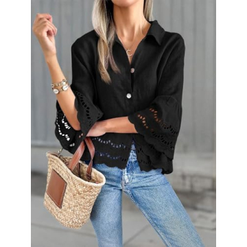 Cicy Bell Womens 3/4 Bell Sleeve Button Down Shirts Casual Ruffle Hem Tops Eyelet Blouse Black