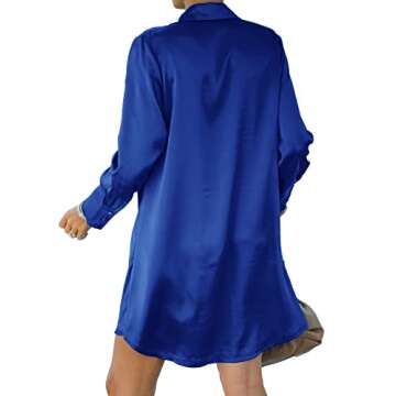 LYANER Women's Satin Collar V Neck Drape Ruched Front Flowy Long Sleeve Mini Dress Royal Blue Small