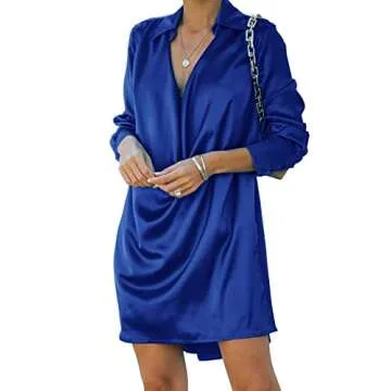 LYANER Women's Satin Collar V Neck Drape Ruched Front Flowy Long Sleeve Mini Dress Royal Blue Small