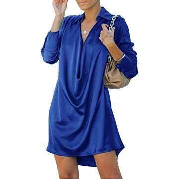 LYANER Women's Satin Collar V Neck Drape Ruched Front Flowy Long Sleeve Mini Dress Royal Blue Small