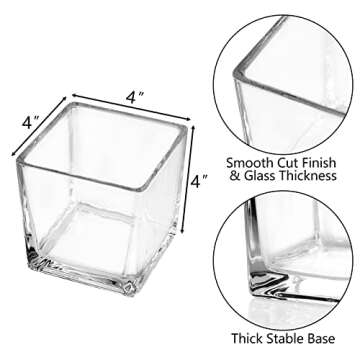 Comrzor Set of 6 Square Glass Vases 4" x 4" x 4", Clear Flower Vase, Plant Terrarium, Candle Holder ...