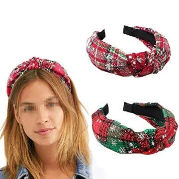 Teensery 2 Pcs Christmas Knotted Headband Snowflake Plaid Hair Hoop Hairband Headwear Hair Accessories for Women and Girls