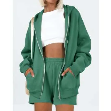 ZESICA Women's Two Piece Outfits Casual Long Sleeve Zipper Hoodie Tracksuit Sweatsuit Workout Set with Pockets,GreyGreen,Large