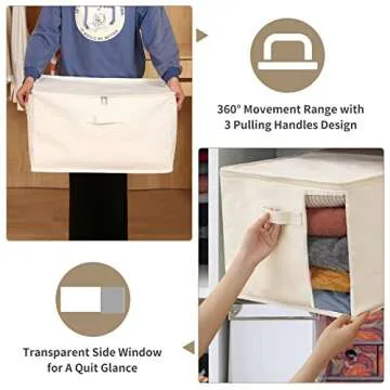 Canvas Comforters Bags Closet Organizers and Storage for Quilts Clothes Organization Containers Bins with Sturdy Zipper, Clear Window 75L for Sweaters Blankets Storage Bedroom Collapsible