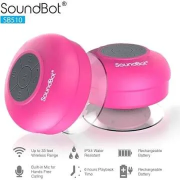 Soundbot SB510 HD Water Resistant Bluetooth Shower Speaker, Handsfree Portable Speakerphone with Built-in Mic, 6hrs of Playtime, Control Buttons and Dedicated Suction Cup for Showers (Pink)