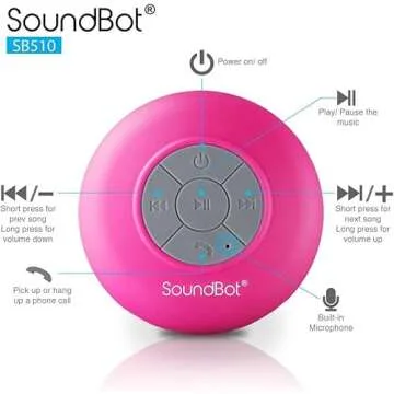 Soundbot SB510 HD Water Resistant Bluetooth Shower Speaker, Handsfree Portable Speakerphone with Built-in Mic, 6hrs of Playtime, Control Buttons and Dedicated Suction Cup for Showers (Pink)