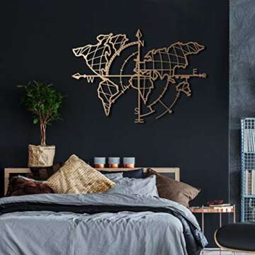 Tubibu Modern Wall Art, 100% Metal - Metalic World Map,- Size (26" x 38") - Map of Life, Metal Wall Art, World Map and Compass Themed Wall Decor Home Gift Housewarming Gift Wedding Gift (Gold)