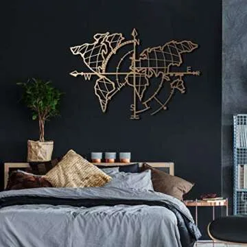 Tubibu Modern Wall Art, 100% Metal - Metalic World Map,- Size (26" x 38") - Map of Life, Metal Wall Art, World Map and Compass Themed Wall Decor Home Gift Housewarming Gift Wedding Gift (Gold)