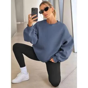EFAN Womens Oversized Sweatshirts Hoodies Fleece Crewneck Sweaters Casual Tops Comfy Fall Fashion Outfits Winter Clothes 2025 GreyBlue L