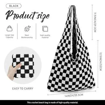 hatisan Crochet Bags for Women Summer Beach Tote Bag Aesthetic Tote Bag Hippie Bag Knit Bag(Black Checkered-A)