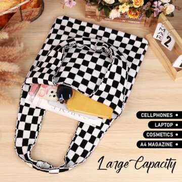 hatisan Crochet Bags for Women Summer Beach Tote Bag Aesthetic Tote Bag Hippie Bag Knit Bag(Black Checkered-A)