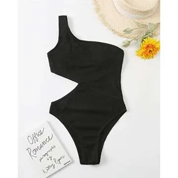 Limeeke Women's Cutout One Piece Swimsuit One Shoulder Swimwear Ribbed Monokini Bathing Suits Black S