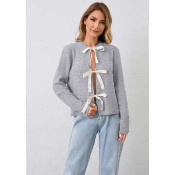 calbatic Women Long Sleeve Bow Tie Front Cardigan Sweater Open Front Knit Pullover Tops Casual 2024 ...