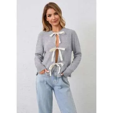 calbatic Women Long Sleeve Bow Tie Front Cardigan Sweater Open Front Knit Pullover Tops Casual 2024 Fall Winter Grey