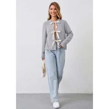 calbatic Women Long Sleeve Bow Tie Front Cardigan Sweater Open Front Knit Pullover Tops Casual 2024 Fall Winter Grey