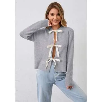 calbatic Women Long Sleeve Bow Tie Front Cardigan Sweater Open Front Knit Pullover Tops Casual 2024 Fall Winter Grey