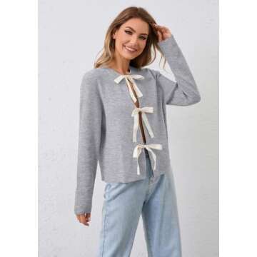 calbatic Women Long Sleeve Bow Tie Front Cardigan Sweater Open Front Knit Pullover Tops Casual 2024 Fall Winter Grey