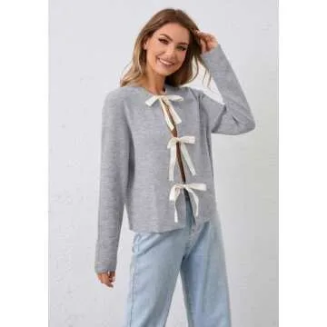 calbatic Women Long Sleeve Bow Tie Front Cardigan Sweater Open Front Knit Pullover Tops Casual 2024 Fall Winter Grey